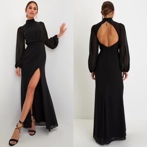 Lulus Graceful Entrance Black Long Sleeve Backless Maxi Dress Wedding Party Prom